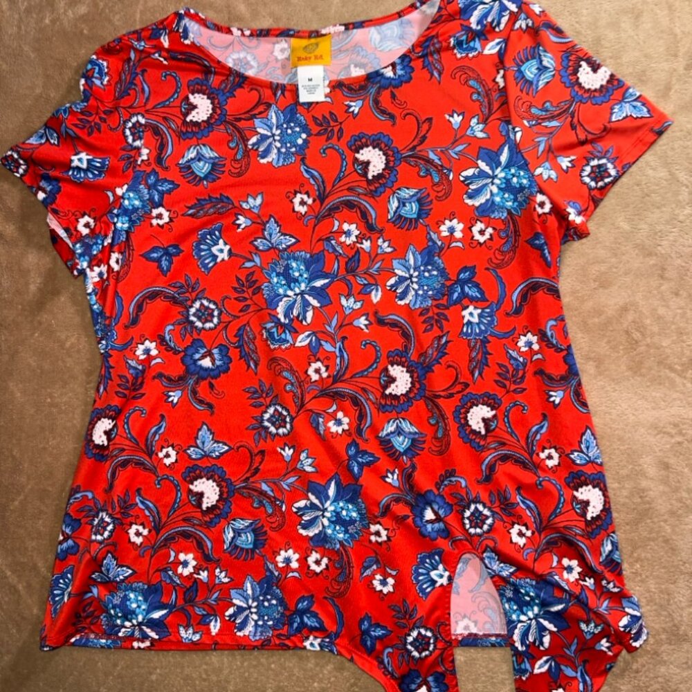 Ruby‎ Rd Women Medium Red Blue Garden Floral Short Sleeve Tie Waist Blouse (V)